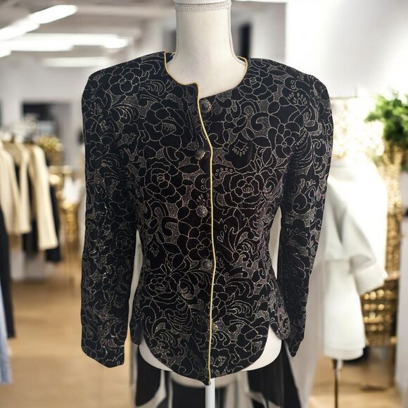 R&K Evenings Vintage Rose Floral Glitter Print Blazer Jacket Size Medium - Picture 1 of 7